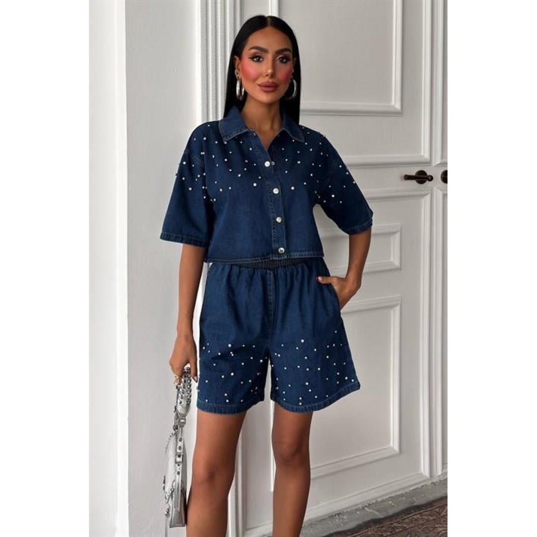Taş Detaylı Gömlek Şort Denim Takım 10175 159450 Taş Detaylı Gömlek Şort Denim Takım 10175 159450