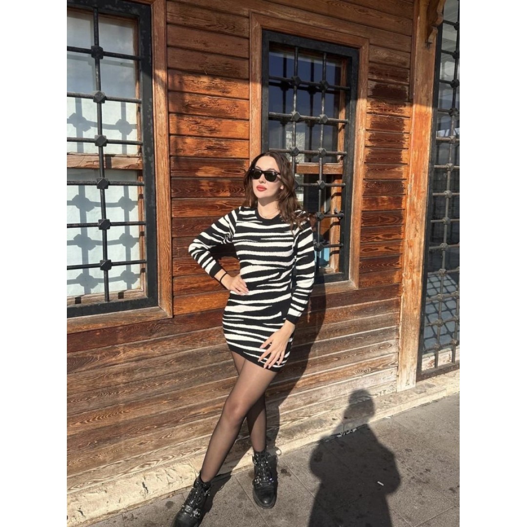 Kadın Uzun Kollu Siyah Beyaz Zebra Desen Triko Elbise 134362 Kadın Uzun Kollu Siyah Beyaz Zebra Desen Triko Elbise 134362