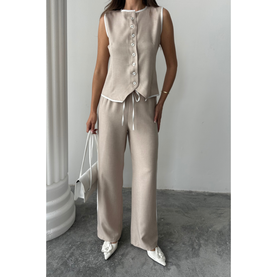 KETEN KENARLARI BİYELİ YELEK - PANTOLON TAKIM - Bej 162429 KETEN KENARLARI BİYELİ YELEK - PANTOLON TAKIM - Bej 162429