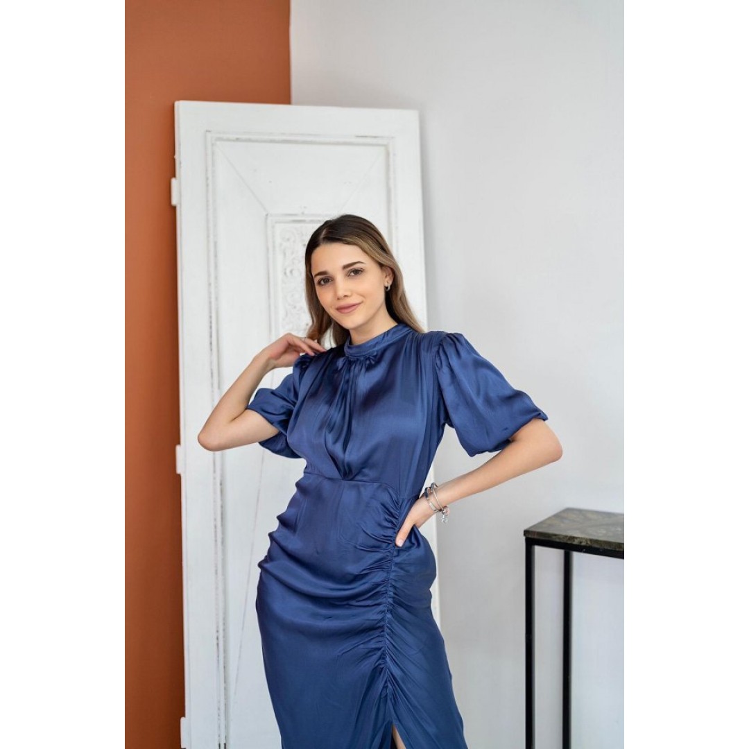 İndigo Büzgülü Saten Elbise - 149079 İndigo Büzgülü Saten Elbise - 149079