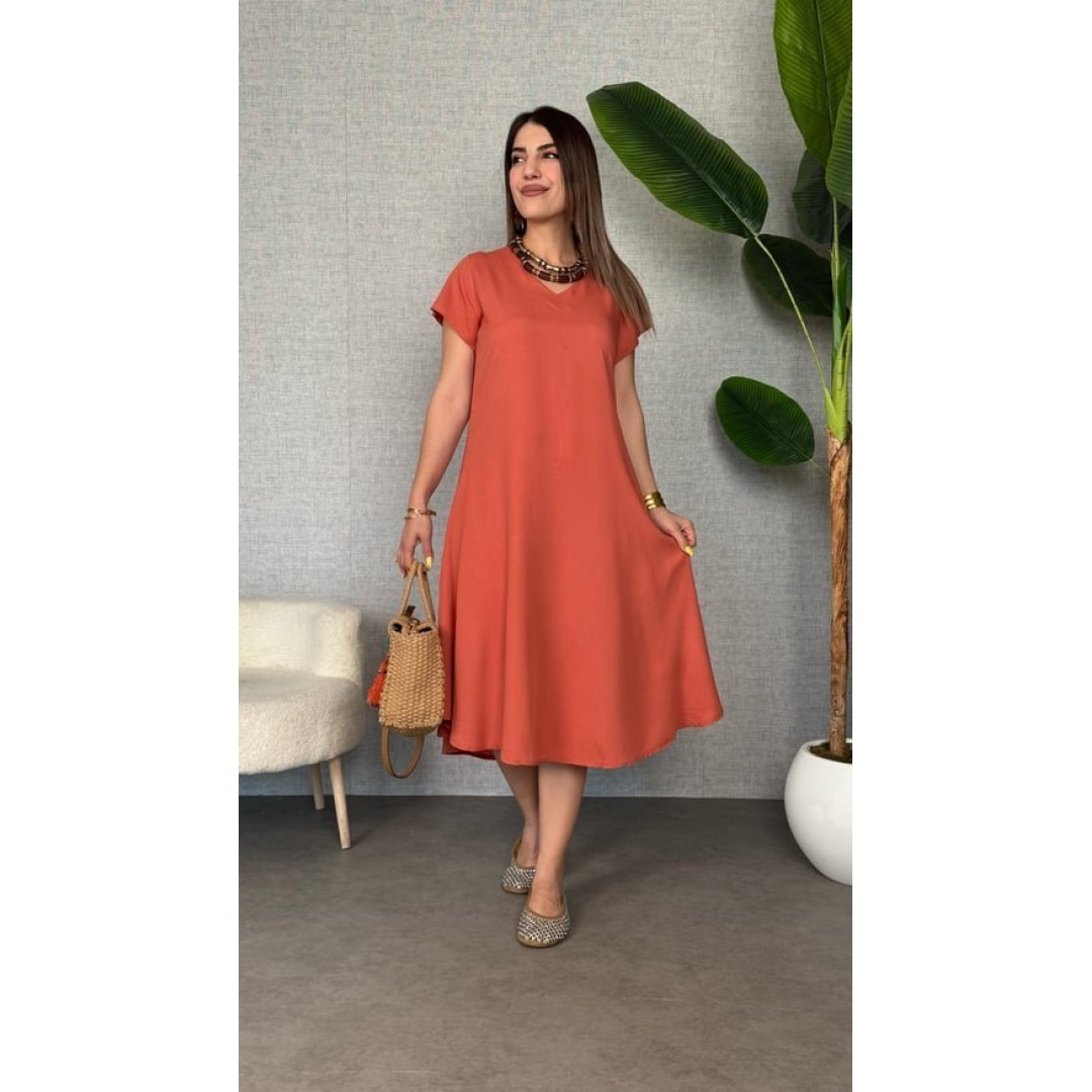 Kadın Kısa Kollu V Yaka Salaş Maxi Boy Elbise - 162483 Kadın Kısa Kollu V Yaka Salaş Maxi Boy Elbise - 162483
