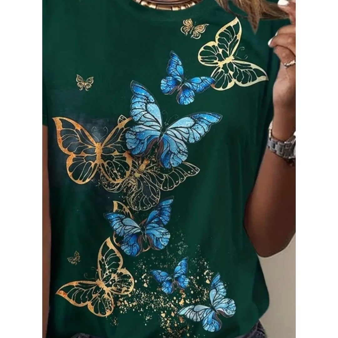 Kadın Kısa Kollu Mavi Sarı Kelebek Baskı Süprem T-shirt 115130 Kadın Kısa Kollu Mavi Sarı Kelebek Baskı Süprem T-shirt 115130