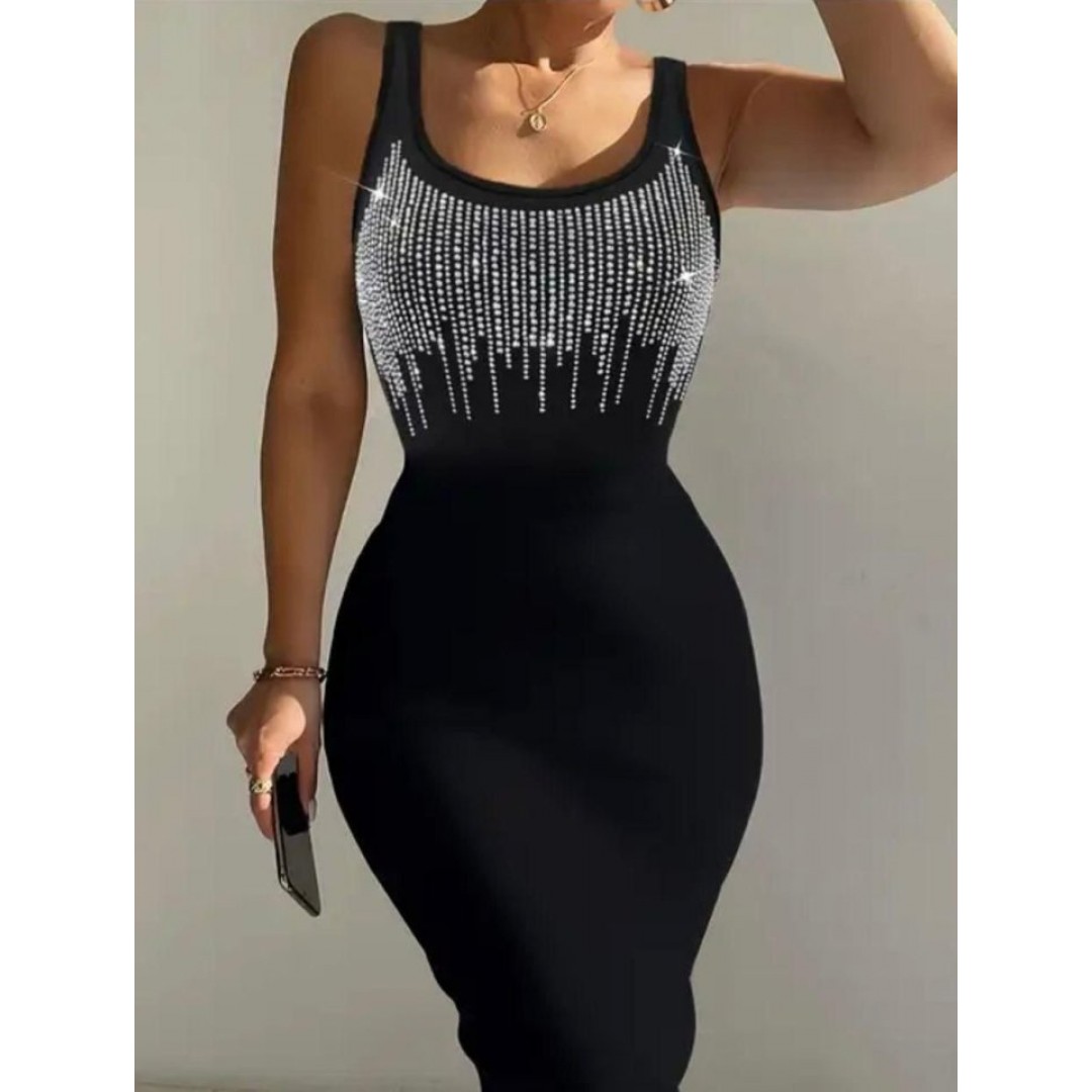 Kadın Omuz Askılı U Yaka Taş Detay Midi Boy Elbise - 153880 Kadın Omuz Askılı U Yaka Taş Detay Midi Boy Elbise - 153880