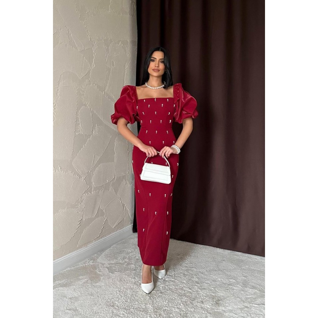 Bordo İşlemeli Kolu Garnili Elbise 159305 Bordo İşlemeli Kolu Garnili Elbise 159305