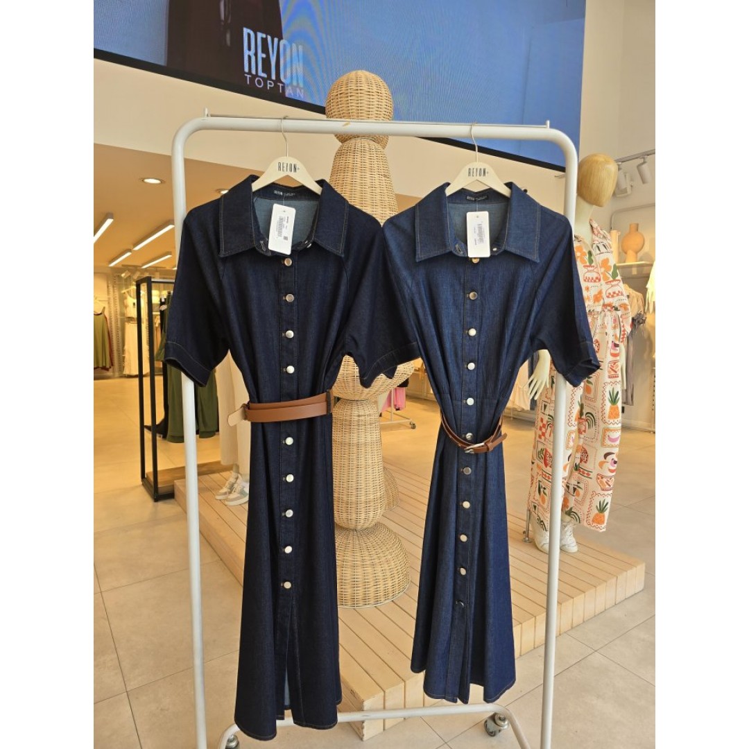 Kısa Kol Düğmeli Denim Elbise - Mavi - 162016 Kısa Kol Düğmeli Denim Elbise - Mavi - 162016