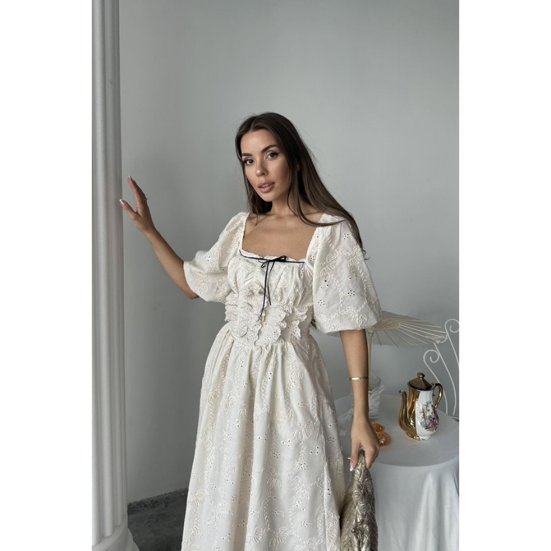 Bej Dantel Detaylı Brode Elbise - 162417 Bej Dantel Detaylı Brode Elbise - 162417