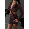 SİMLİ KUMAŞ BAĞLAMA DETAYLI CROP BLUZ -  KISA BÜZGÜ DETAYLI ETEK - Bordo 153437