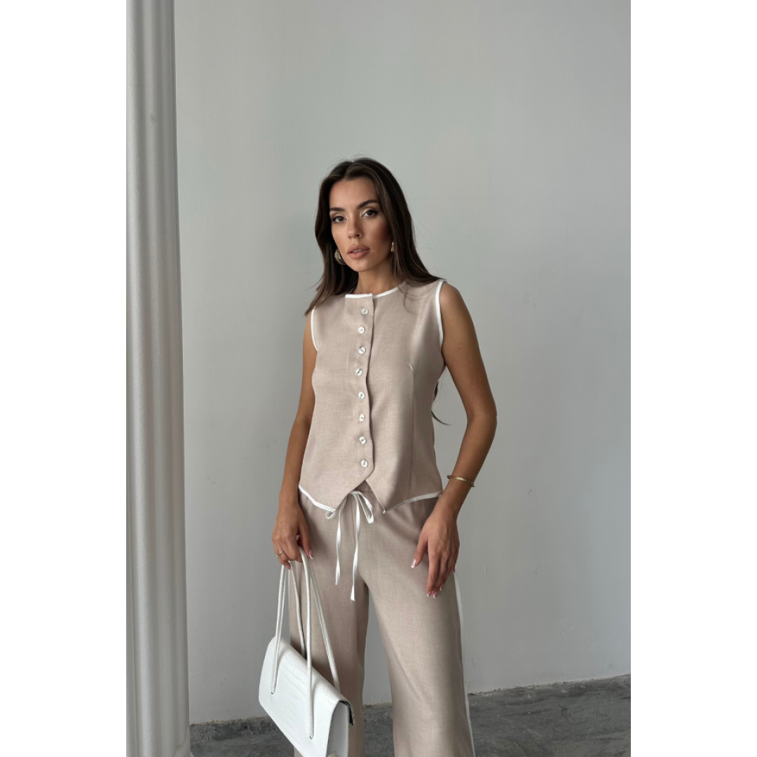 KETEN KENARLARI BİYELİ YELEK - PANTOLON TAKIM - Bej 162429 KETEN KENARLARI BİYELİ YELEK - PANTOLON TAKIM - Bej 162429