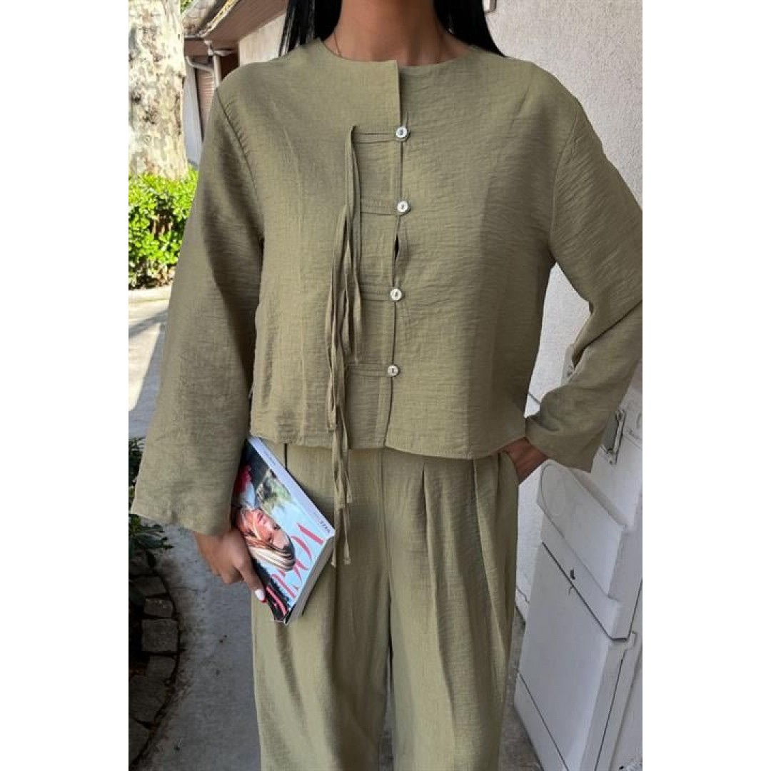 Önü İnce Kordon Detaylı Ve Double Paça Pantolonlu Takım 10180 159419 Önü İnce Kordon Detaylı Ve Double Paça Pantolonlu Takım 10180 159419