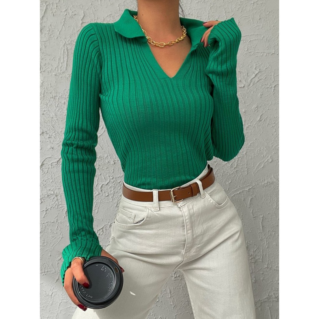 Kadın Yeşil Polo Yaka Parmak Detay Triko Bluz 2047 135562 Kadın Yeşil Polo Yaka Parmak Detay Triko Bluz 2047 135562