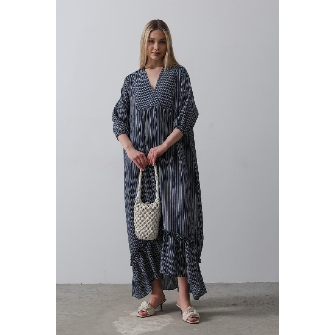 Çizgili Oversize V Yaka Elbise - Lacivert - 154466 Çizgili Oversize V Yaka Elbise - Lacivert - 154466
