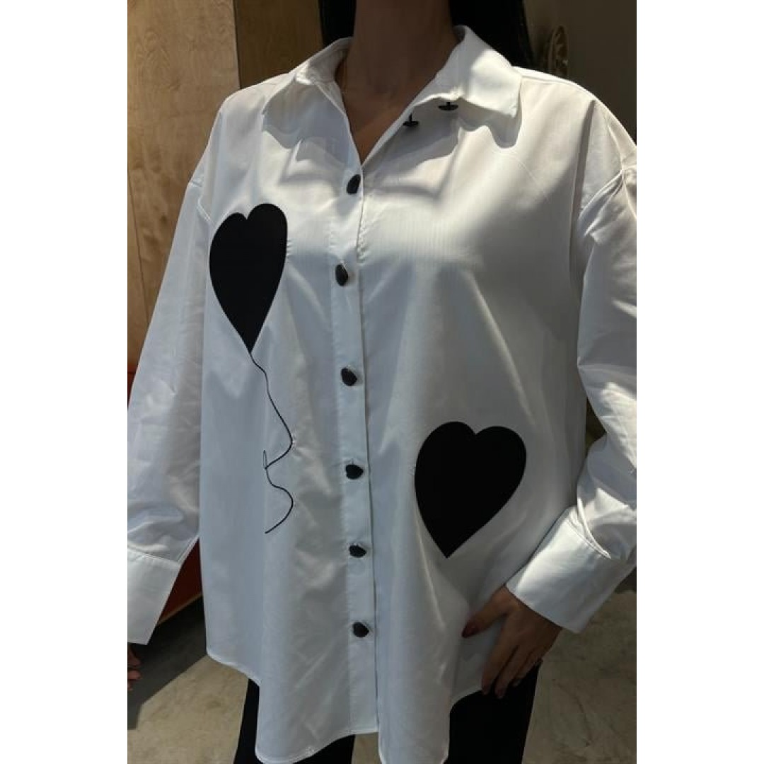 Kalp Nakışlı Ve Düğme Detaylı Oversize Gömlek 3430 158456