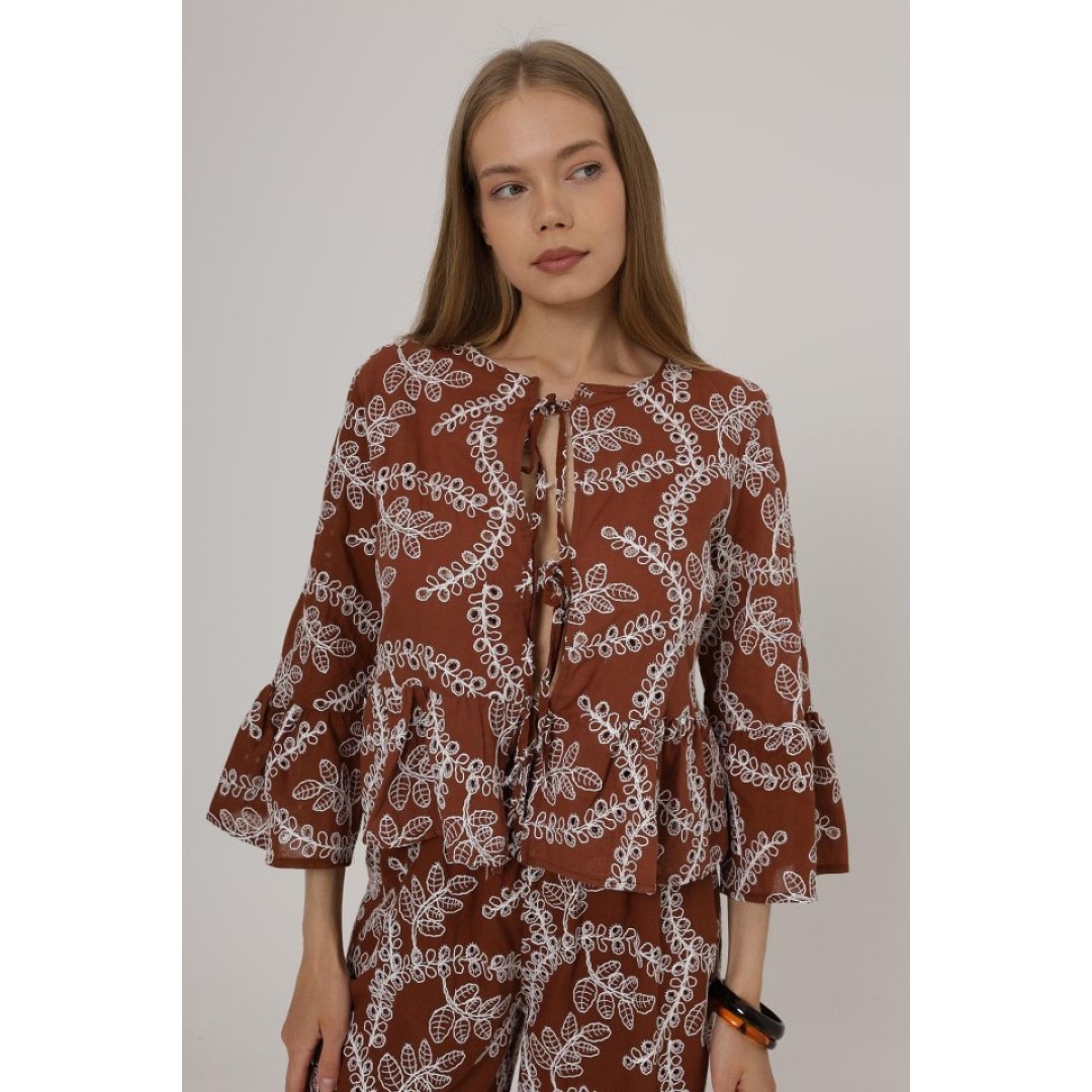 Fiyonk Bağlamalı Brode Bluz - Kahve 162572 Fiyonk Bağlamalı Brode Bluz - Kahve 162572