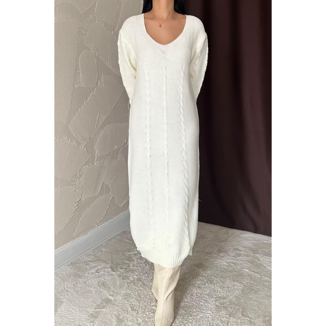 Beyaz Kemerli Triko Elbise - 148253