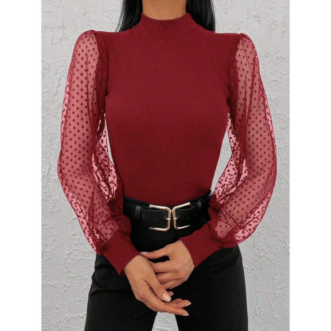 Kadınkolu Tül Detaylı Yarım Balıkçı Kaşkorse Bluz - 84930