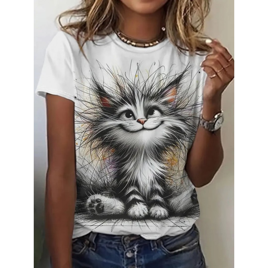 Kadın Kısa Kollu Bisiklet Yaka Kedi Baskılı Süprem Bluz 163502 Kadın Kısa Kollu Bisiklet Yaka Kedi Baskılı Süprem Bluz 163502