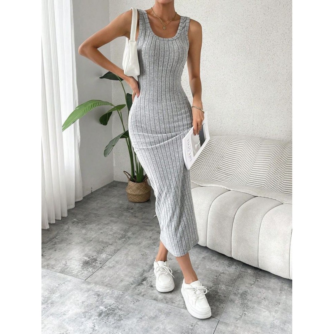 Kadın Kalın Askılı Kare Yaka Fitilli Kaşkorse Midi Boy Elbise - 161126