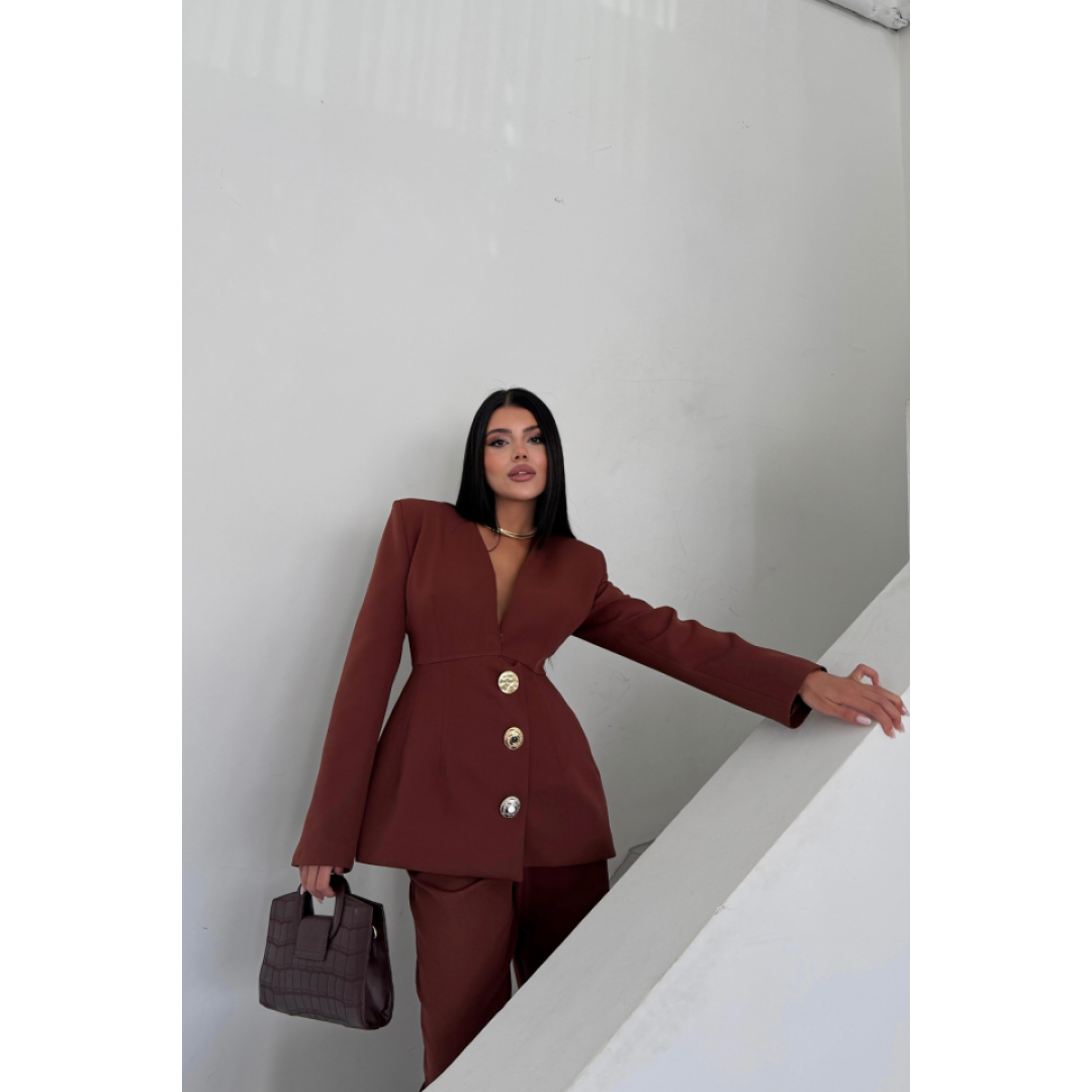 TASARIM CEKET-PANTOLON TAKIM METAL DÜĞME DETAYLI - Kahverengi 156475