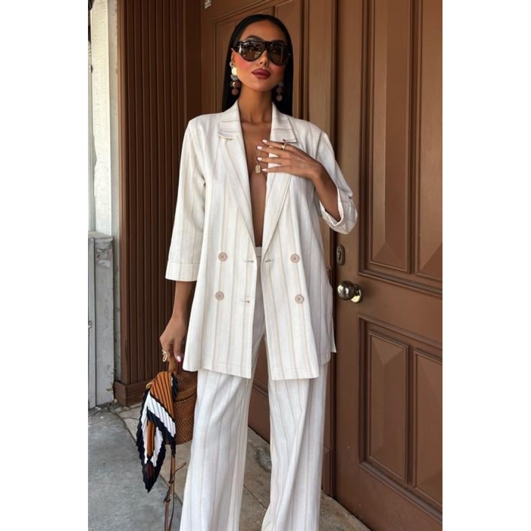 Blazer Ceketli Çizgili Keten Takım 10186 159435