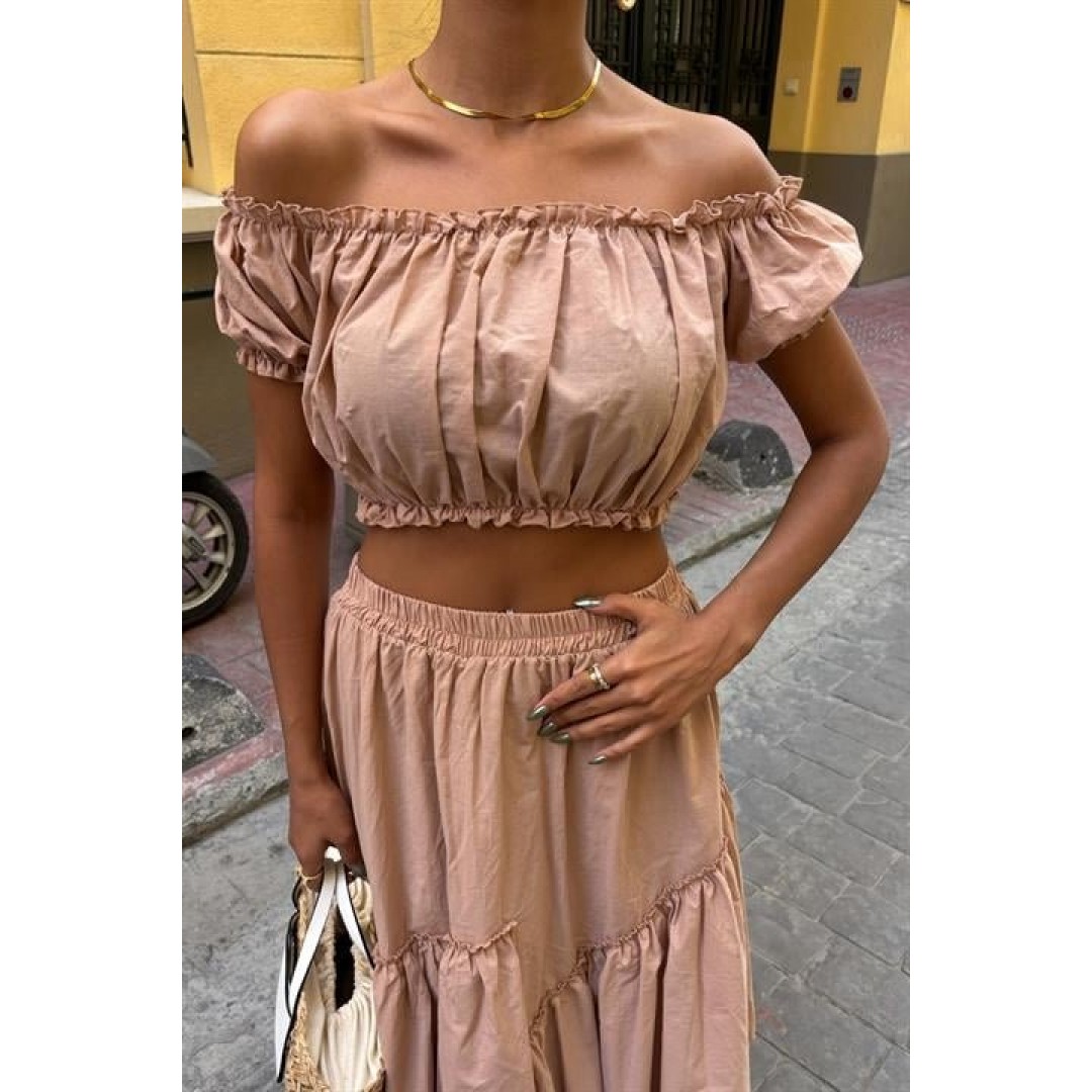 Büzgülü Crop Kat Detaylı Fırfır Etekli Takım 10196 161521 Büzgülü Crop Kat Detaylı Fırfır Etekli Takım 10196 161521
