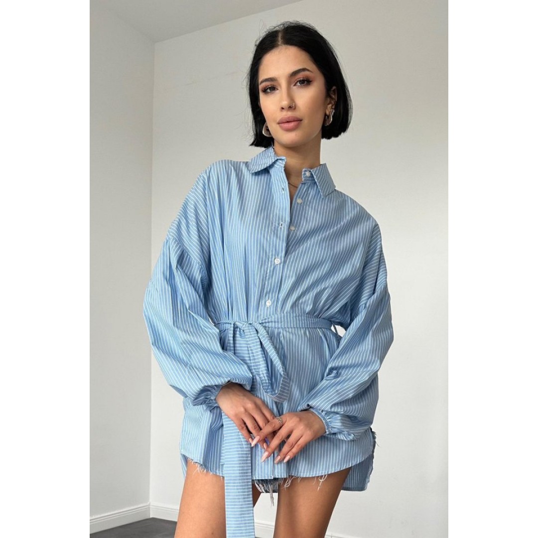 Mavi Çizgili Poplin Kuşaklı Gömlek 148388 Mavi Çizgili Poplin Kuşaklı Gömlek 148388