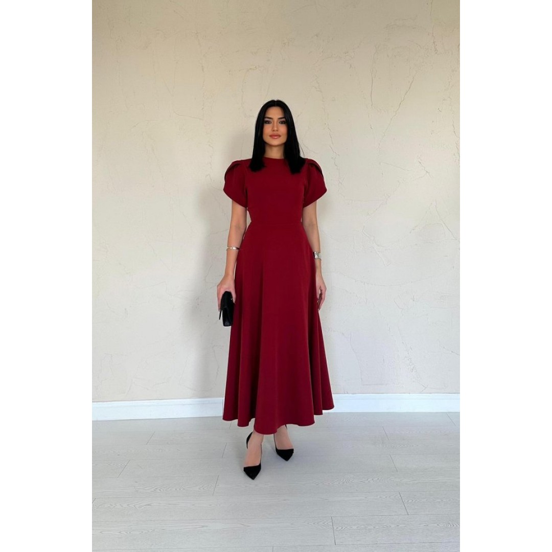 Bordo Arkası Fiyonk Garnili Britli Elbise - 154454 Bordo Arkası Fiyonk Garnili Britli Elbise - 154454