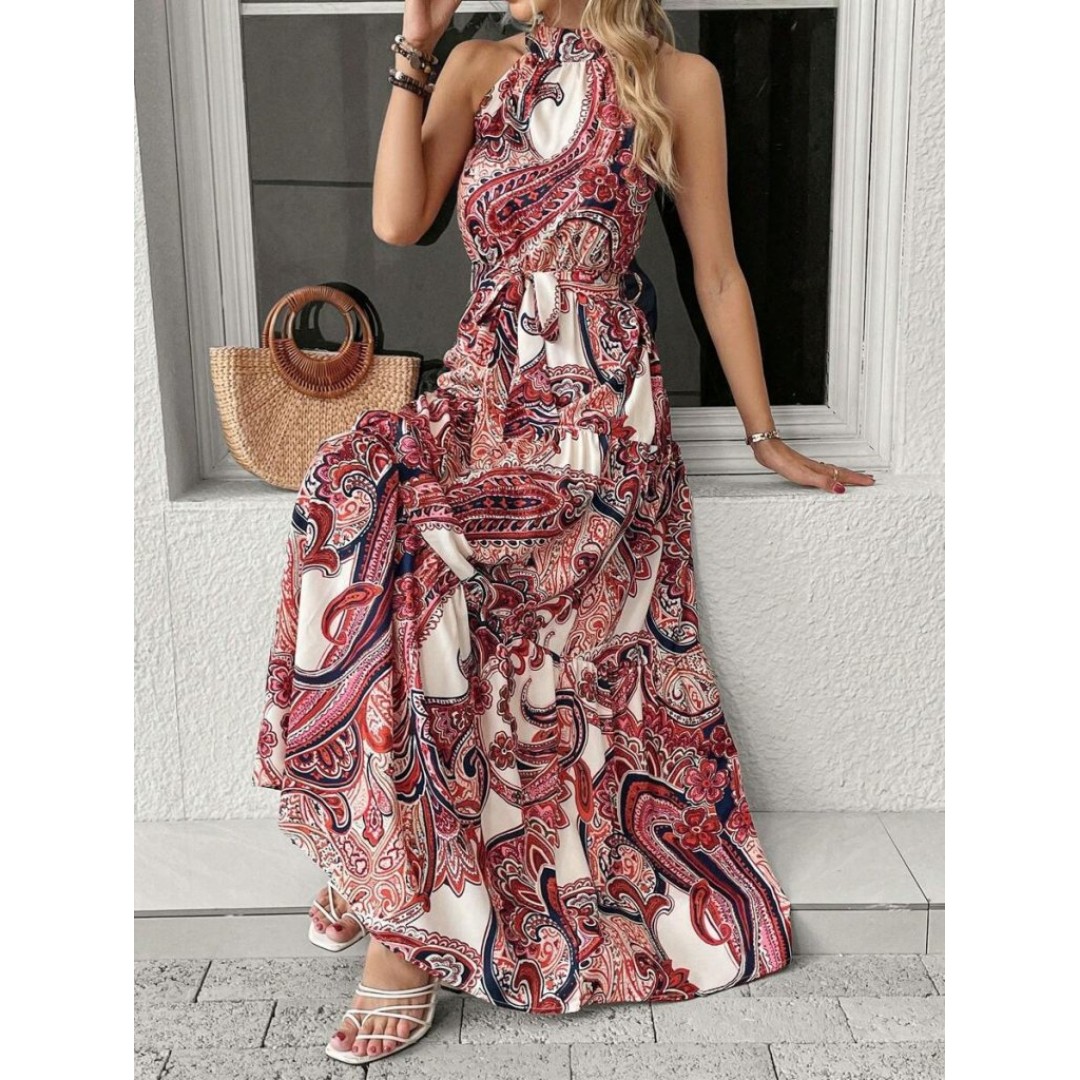 Kadın Halter Yakalı Omuzlardan Açık Kuşaklı Maksi Boy Desenli Süprem Elbise - 160153 Kadın Halter Yakalı Omuzlardan Açık Kuşaklı Maksi Boy Desenli Süprem Elbise - 160153