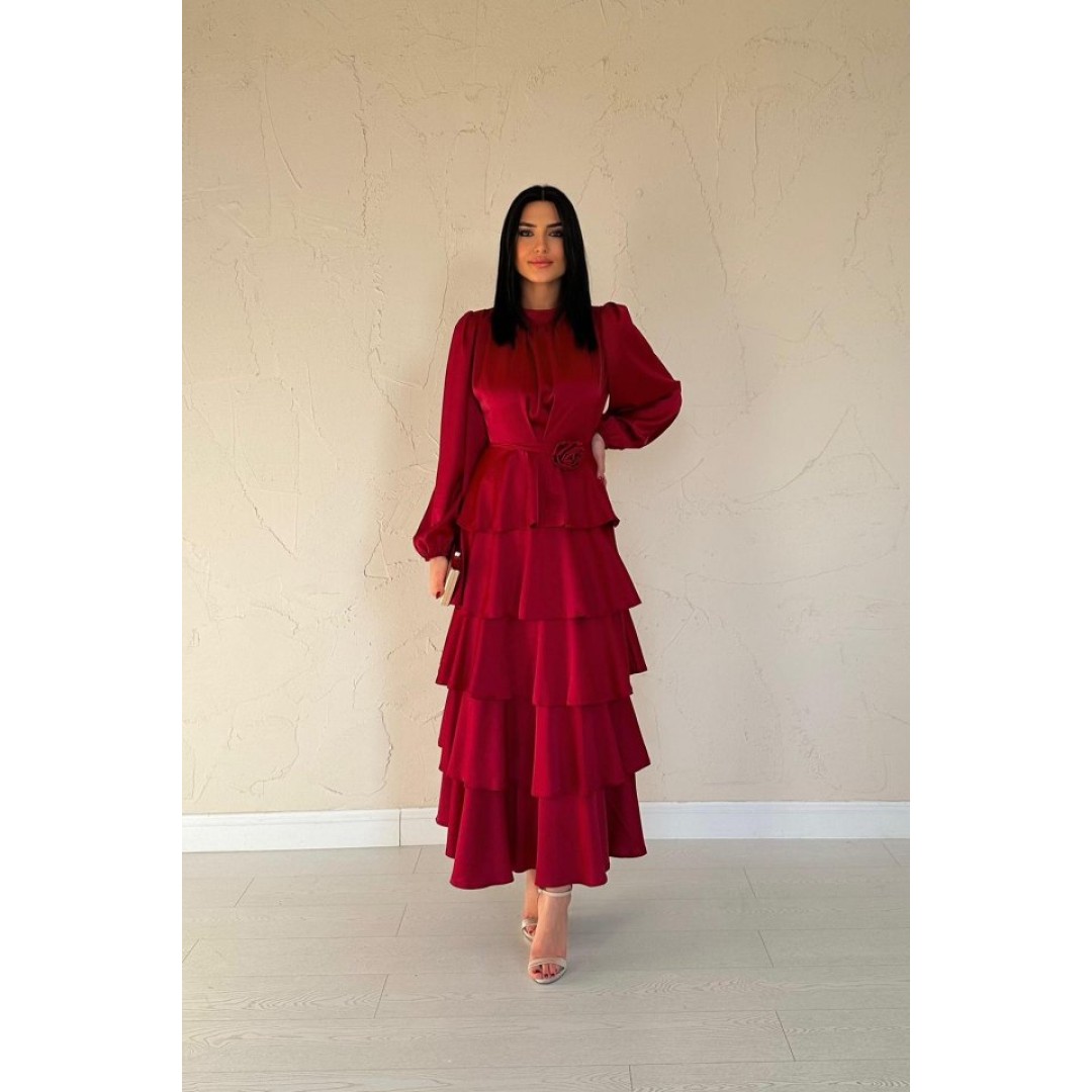 Bordo Saten Büzgülü Kat Kat Elbise 163221 Bordo Saten Büzgülü Kat Kat Elbise 163221