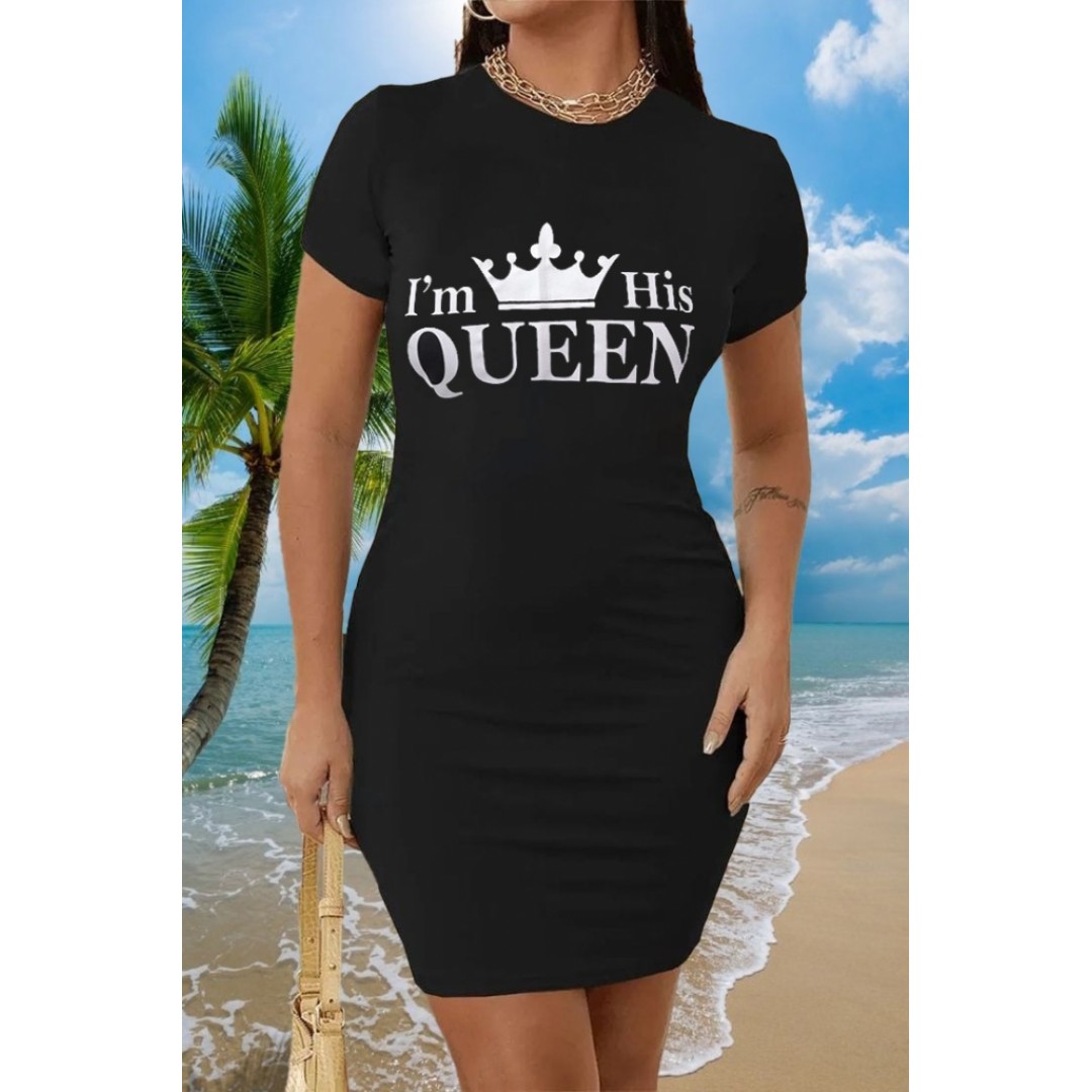 Kadın Kısa Kollu Queen Baskı Iki Iplik Mini Elbise - 162058
