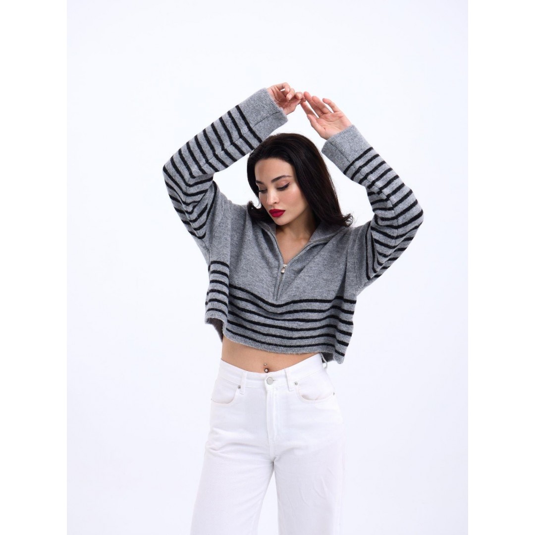 43311 TRİKO ÇİZGİLİ FERMUARLI CROP-GRİ-SİYAH 144101