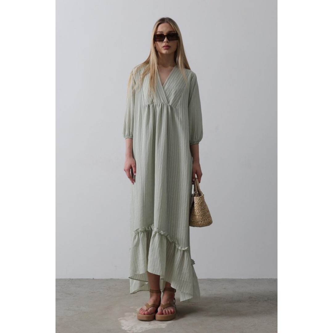 Çizgili Oversize V Yaka Elbise - Haki - 154467 Çizgili Oversize V Yaka Elbise - Haki - 154467