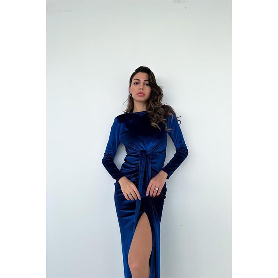 Saks Bağlamalı Kadife Elbise 151754 Saks Bağlamalı Kadife Elbise 151754