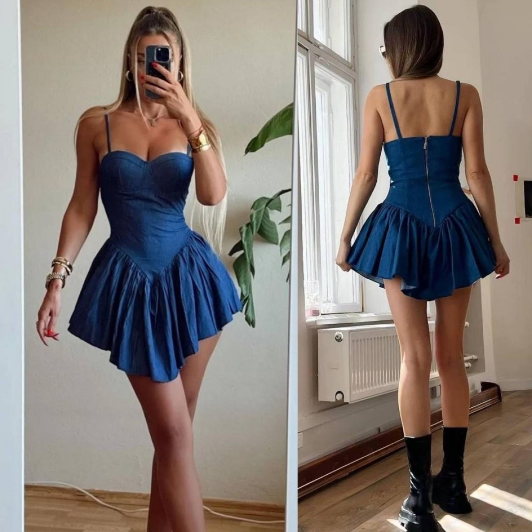 Kadın Kot Kumaş Göğüs Glop Detaylı Sırt Fermuarlı Mini Boy Elbise - 160172 Kadın Kot Kumaş Göğüs Glop Detaylı Sırt Fermuarlı Mini Boy Elbise - 160172