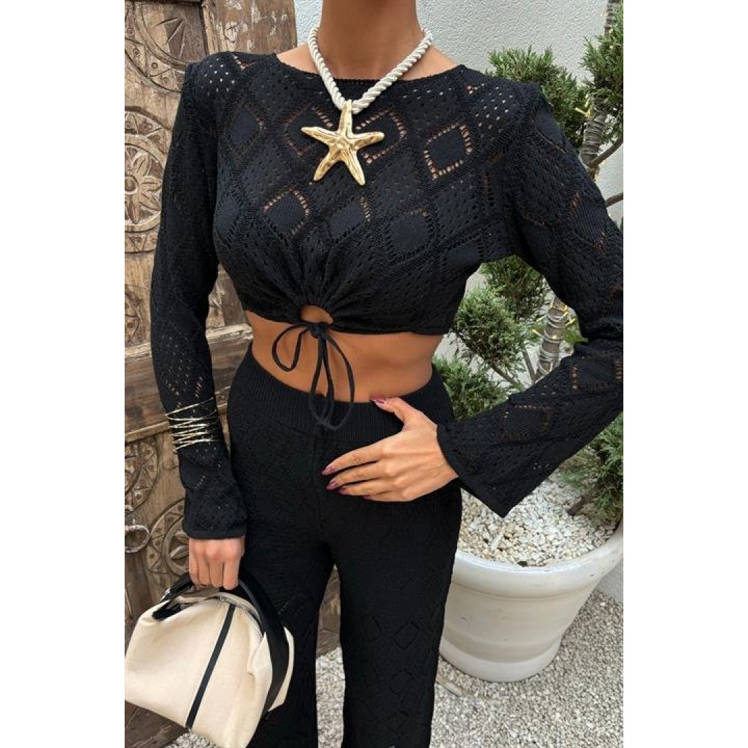Göğüs Bağcık Detaylı Ajurlu Bluz Pantolon Takım 10098 158764 Göğüs Bağcık Detaylı Ajurlu Bluz Pantolon Takım 10098 158764