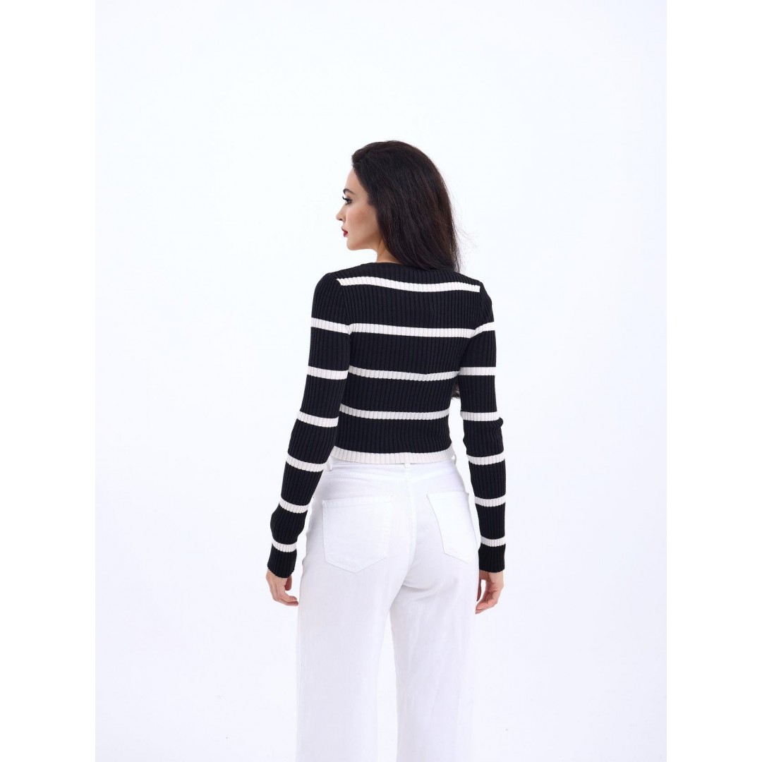 42221 TRİKO ÇİZGİLİ FİTİLLİ CROP-SİYAH-EKRU 144105