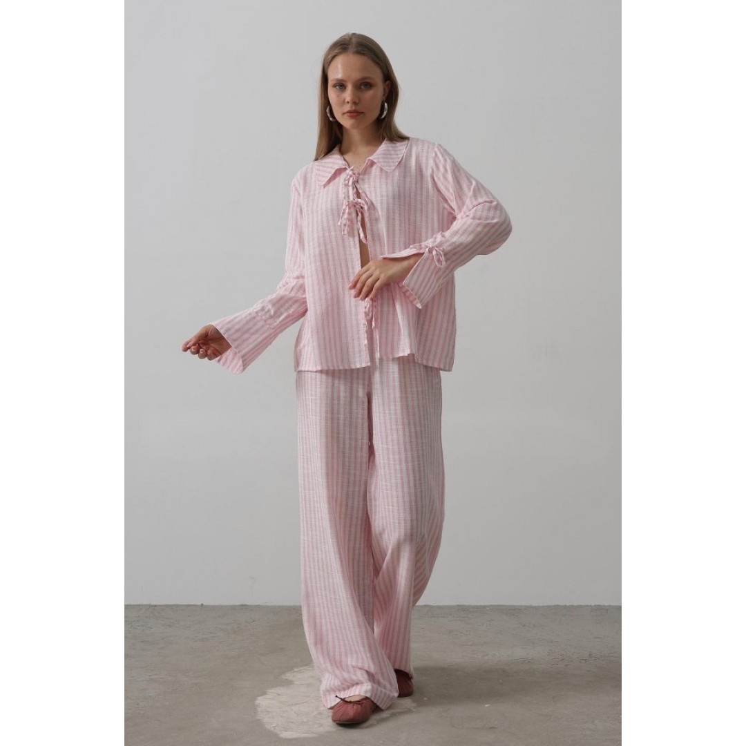 Çzgili Bağlamalı Pantolon Takım - Pembe 159739 Çzgili Bağlamalı Pantolon Takım - Pembe 159739