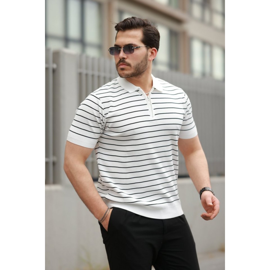 Erkek Fermuar Yakalı çizgili Kısa Kollu T-shirt 160699