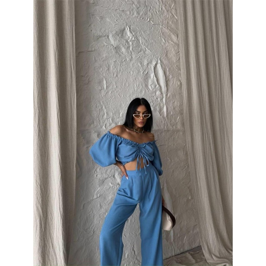 KETEN CROP BLUZ BÜZGÜ YAKA + PANTOLON TAKIM - Mavi 150087