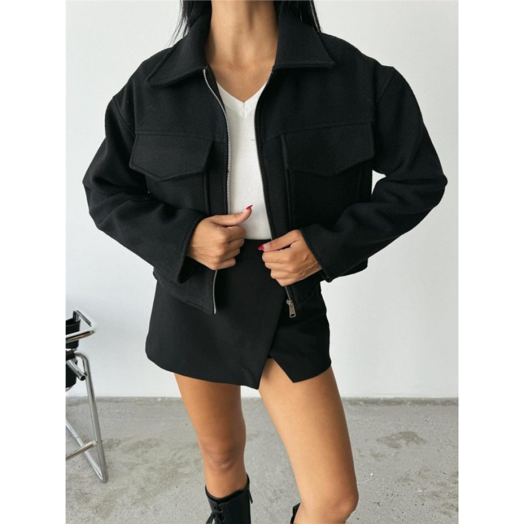 KAŞE CROP CEKET ÖNDEN FERMUARLI - Siyah 150457