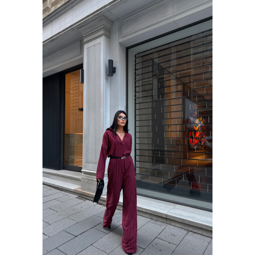 ÇİZGİLİ BLUZ  - PANTOLON TAKIM - Bordo