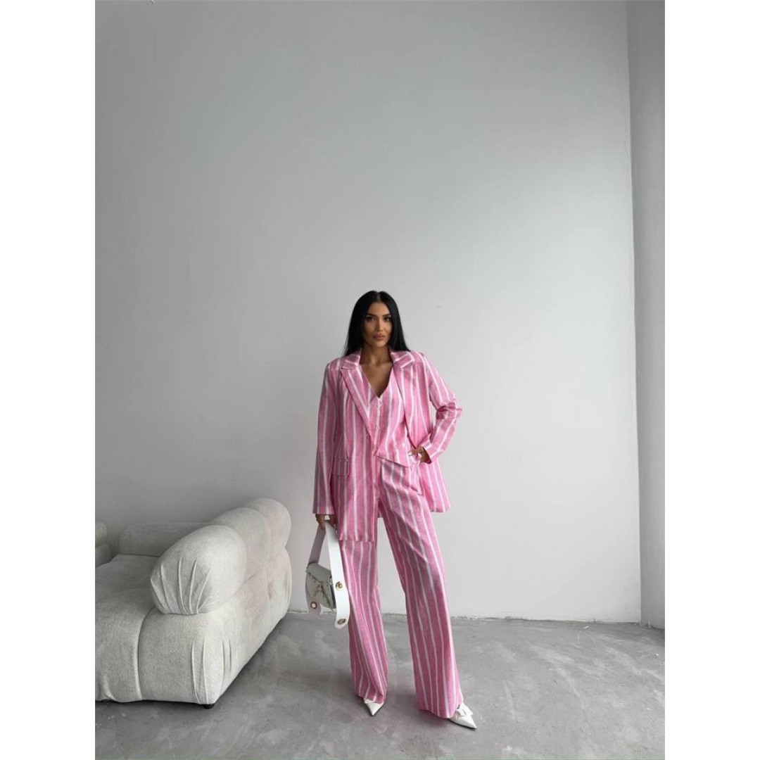 ÇİZGİLİ CEKET KETEN - Pembe