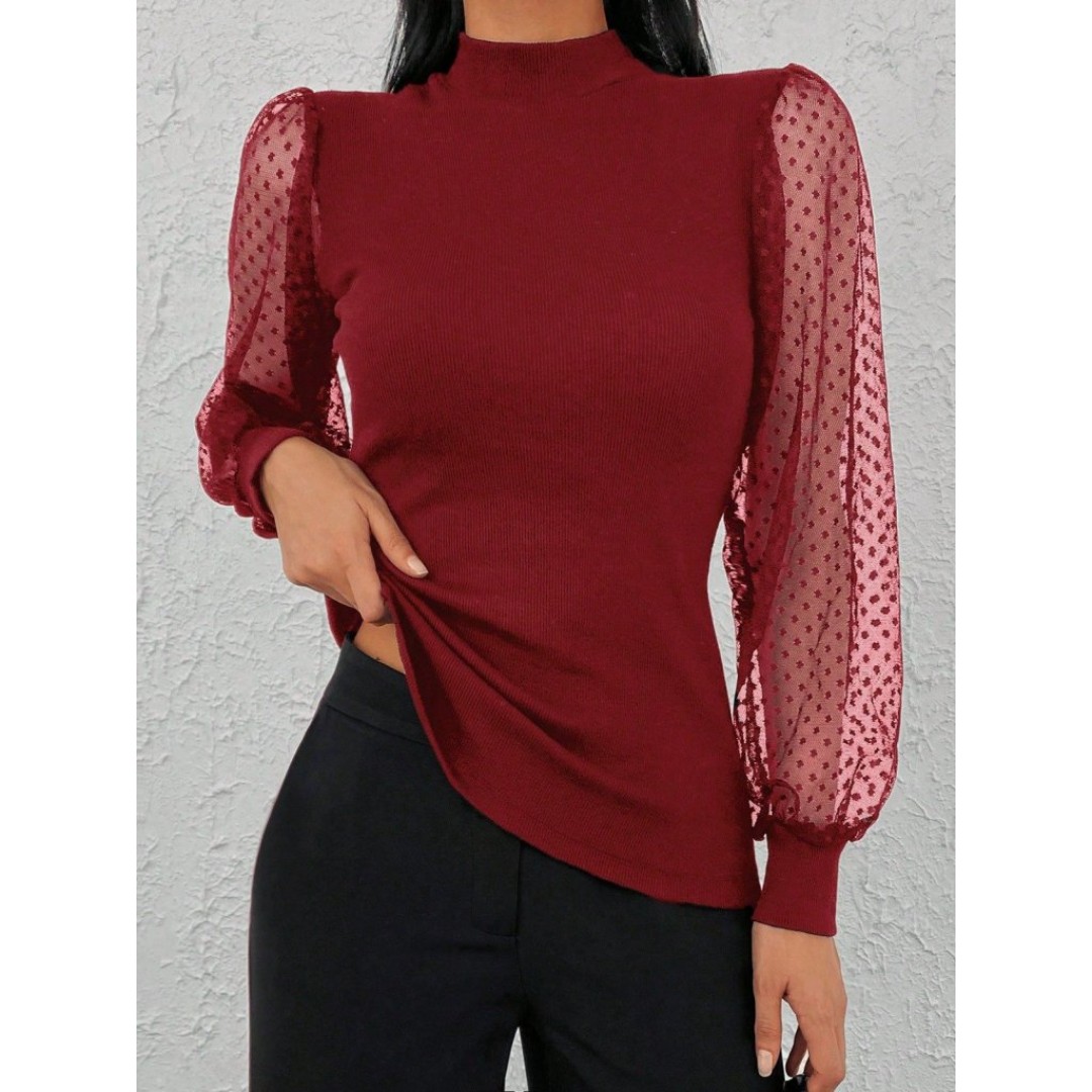 Kadınkolu Tül Detaylı Yarım Balıkçı Kaşkorse Bluz - 84930