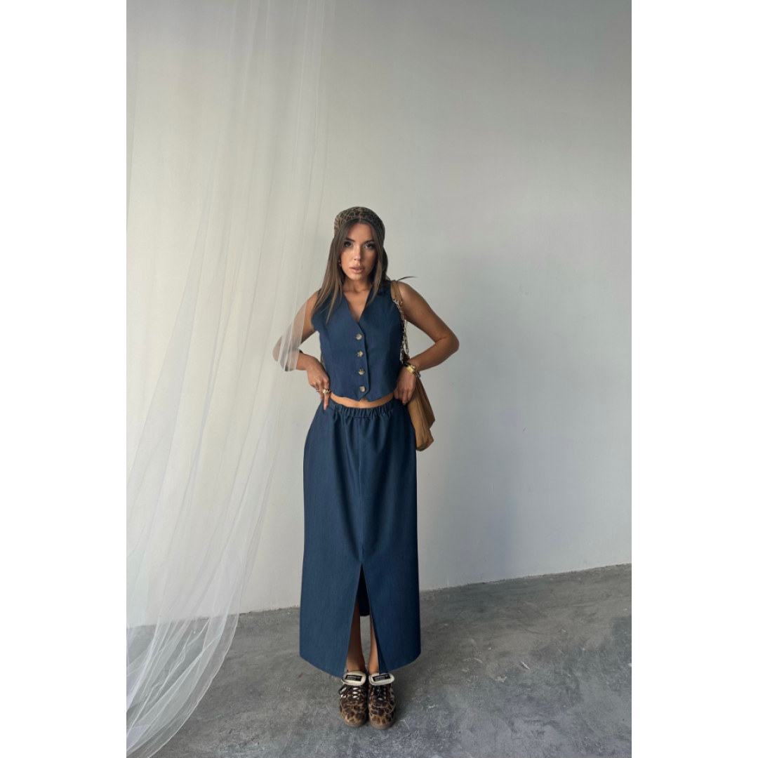 TENCEL YELEK - YIRTMAÇLI ETEK TAKIM - İndigo 159986 TENCEL YELEK - YIRTMAÇLI ETEK TAKIM - İndigo 159986