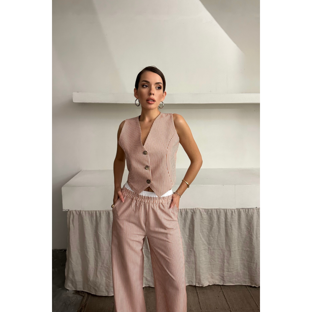 GOFRE ÇİZGİLİ YELEK - PANTOLON TAKIM - Kahverengi 160809 GOFRE ÇİZGİLİ YELEK - PANTOLON TAKIM - Kahverengi 160809