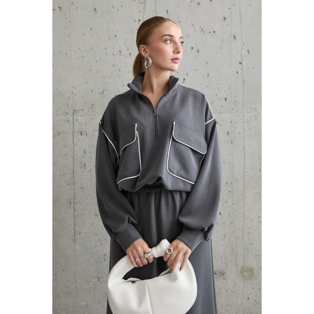 Füme Biyeli Sweatshirt Ve Etek Takım - 153690 Füme Biyeli Sweatshirt Ve Etek Takım - 153690