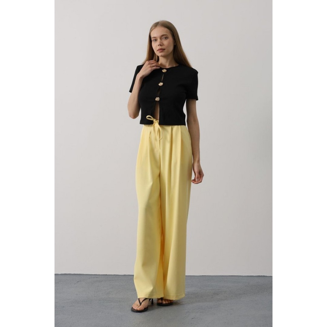 Pileli Bağcıklı Oversize Pantolon - Sarı