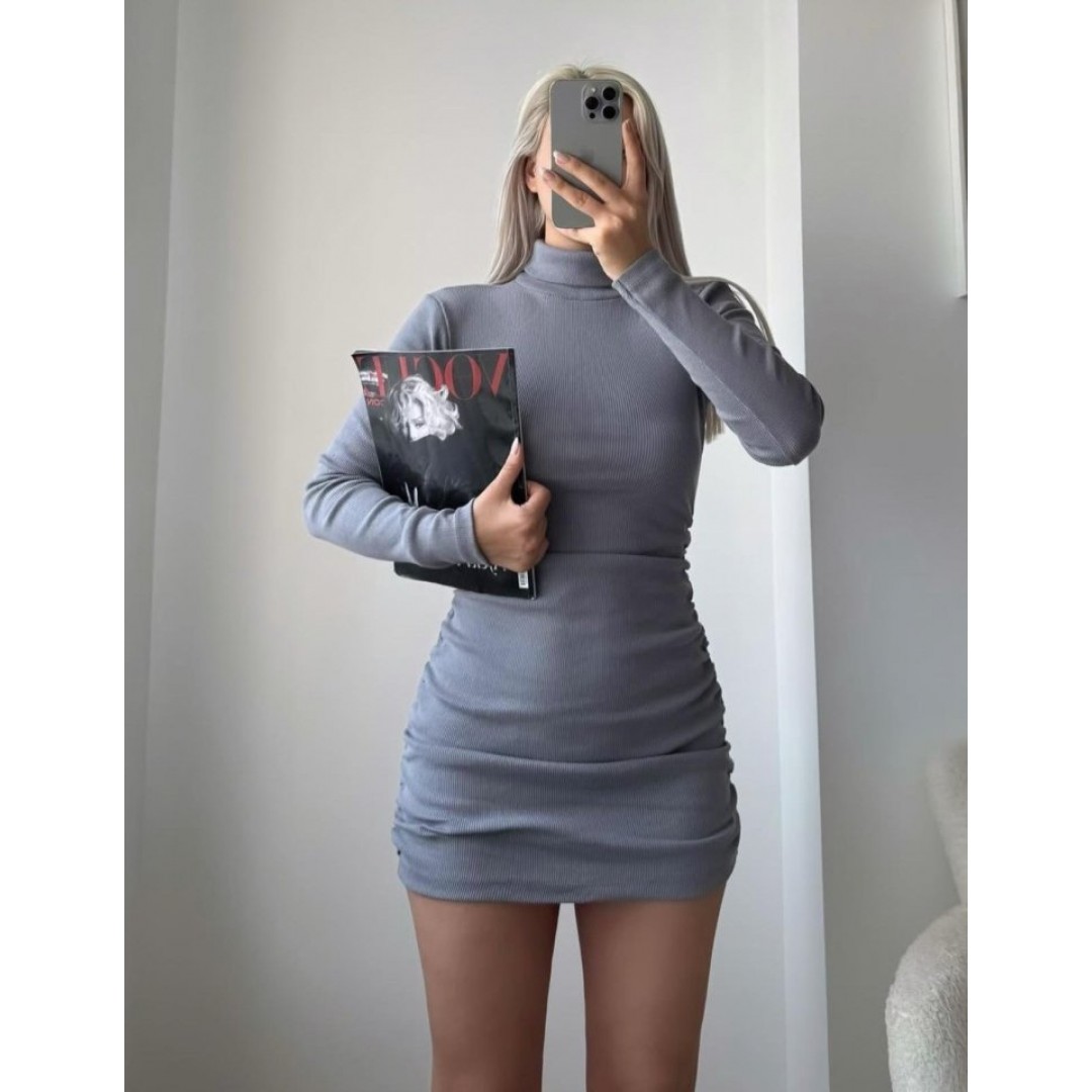 Kadın Uzun Kollu Balıkçı Yaka Büzgü Detay Kaşkorse Kumaş Mini Elbise - 135148 Kadın Uzun Kollu Balıkçı Yaka Büzgü Detay Kaşkorse Kumaş Mini Elbise - 135148