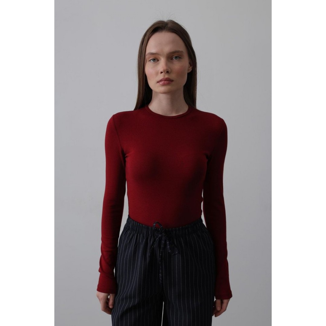 Uzun Kol Crop Top - Bordo