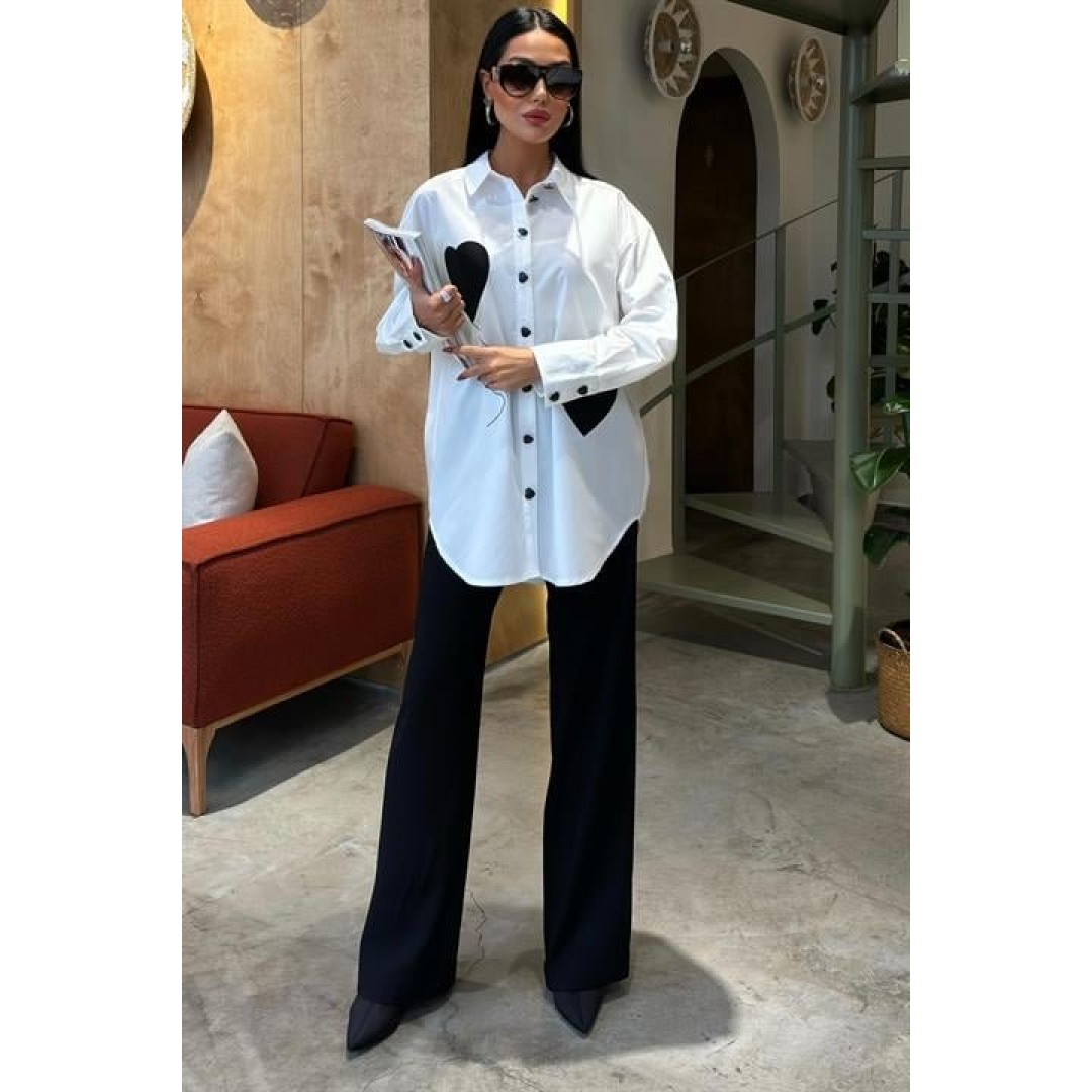 Kalp Nakışlı Ve Düğme Detaylı Oversize Gömlek 3430 158456