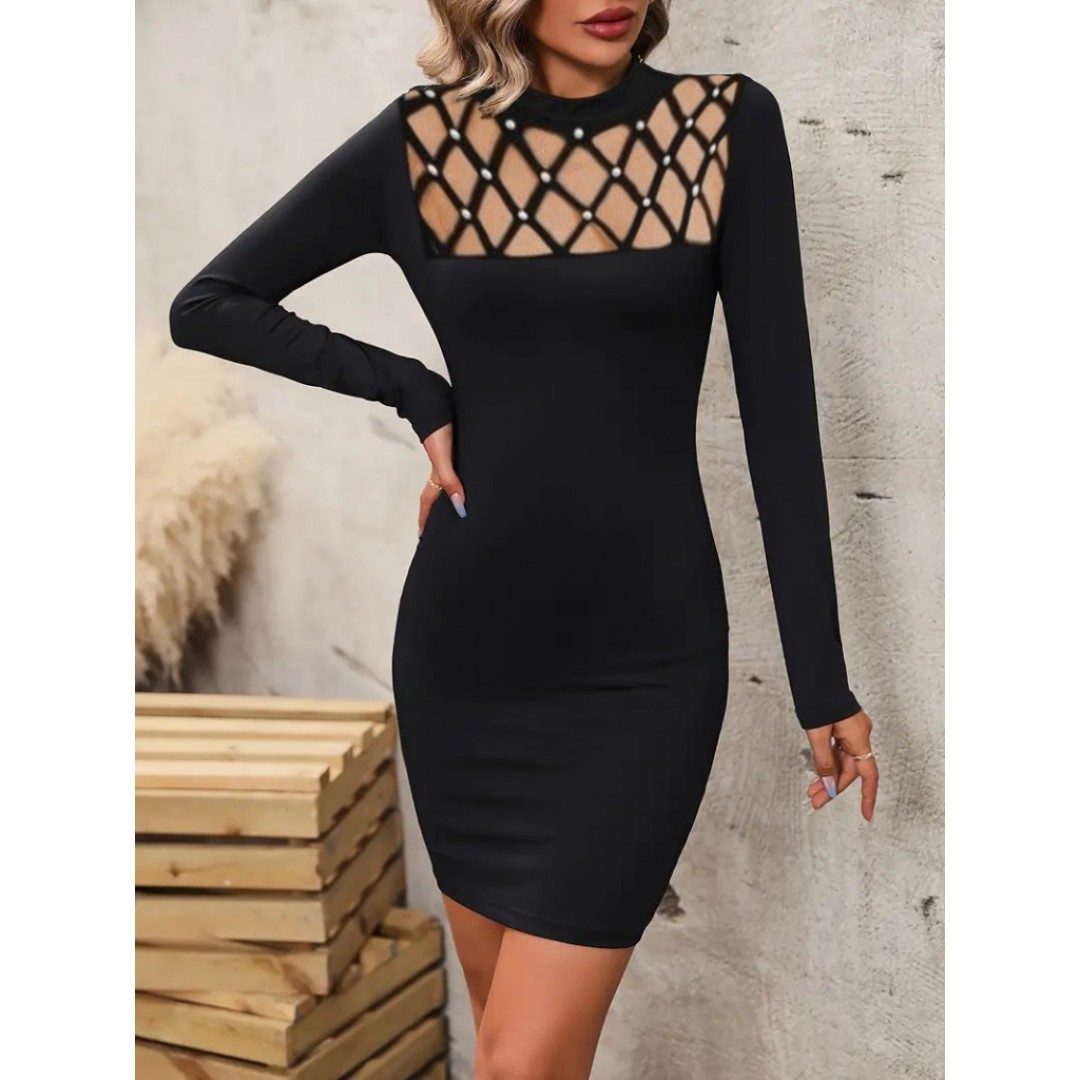 Kadın Uzun Kollu Bisiklet Yaka Lazer Kesim Inci Detay Viskon Iki Iplik Mini Boy Elbise - 136531 Kadın Uzun Kollu Bisiklet Yaka Lazer Kesim Inci Detay Viskon Iki Iplik Mini Boy Elbise - 136531